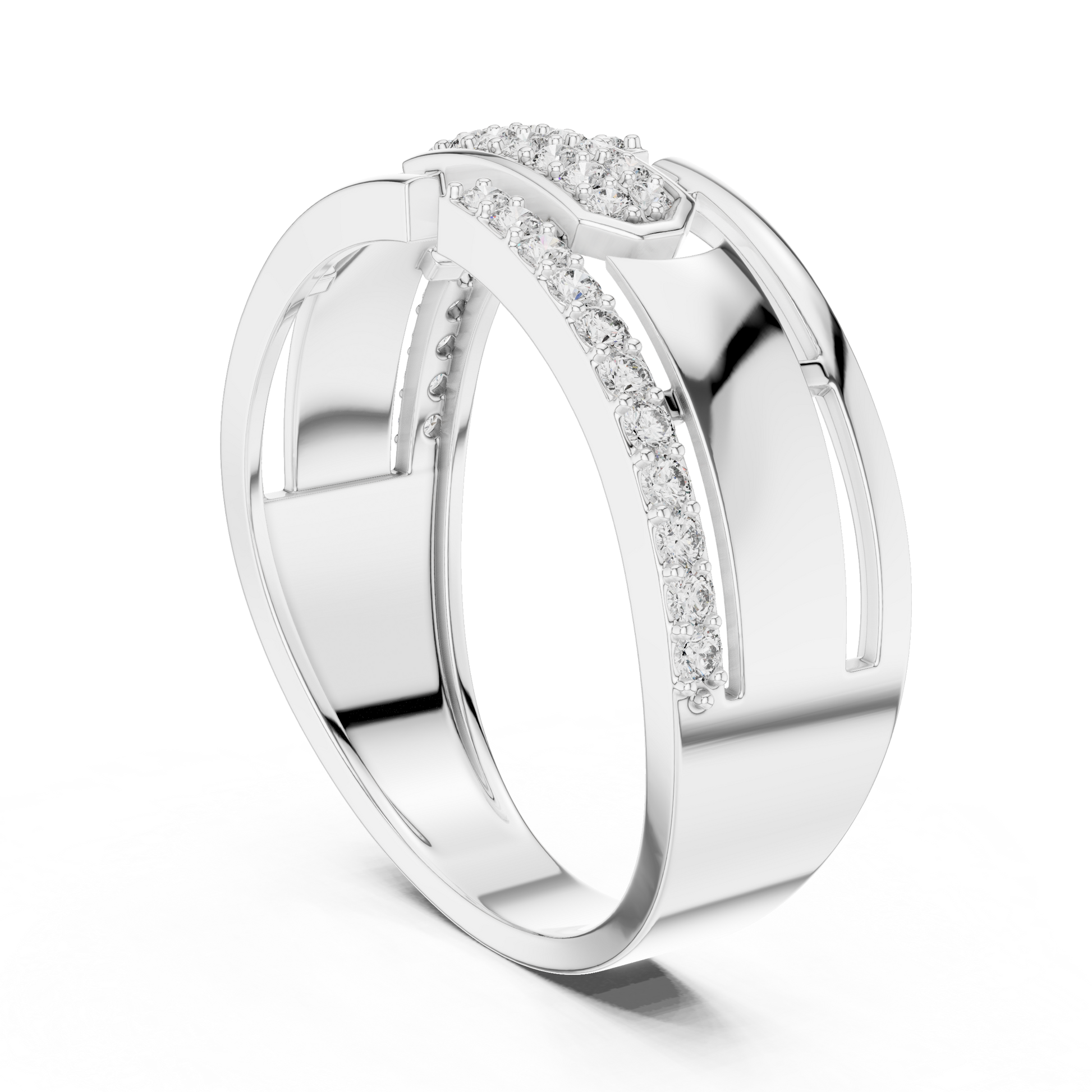 Men's Architectural Multi-Band Openwork Geometric Moissanite Ring with Symmetrical Accents