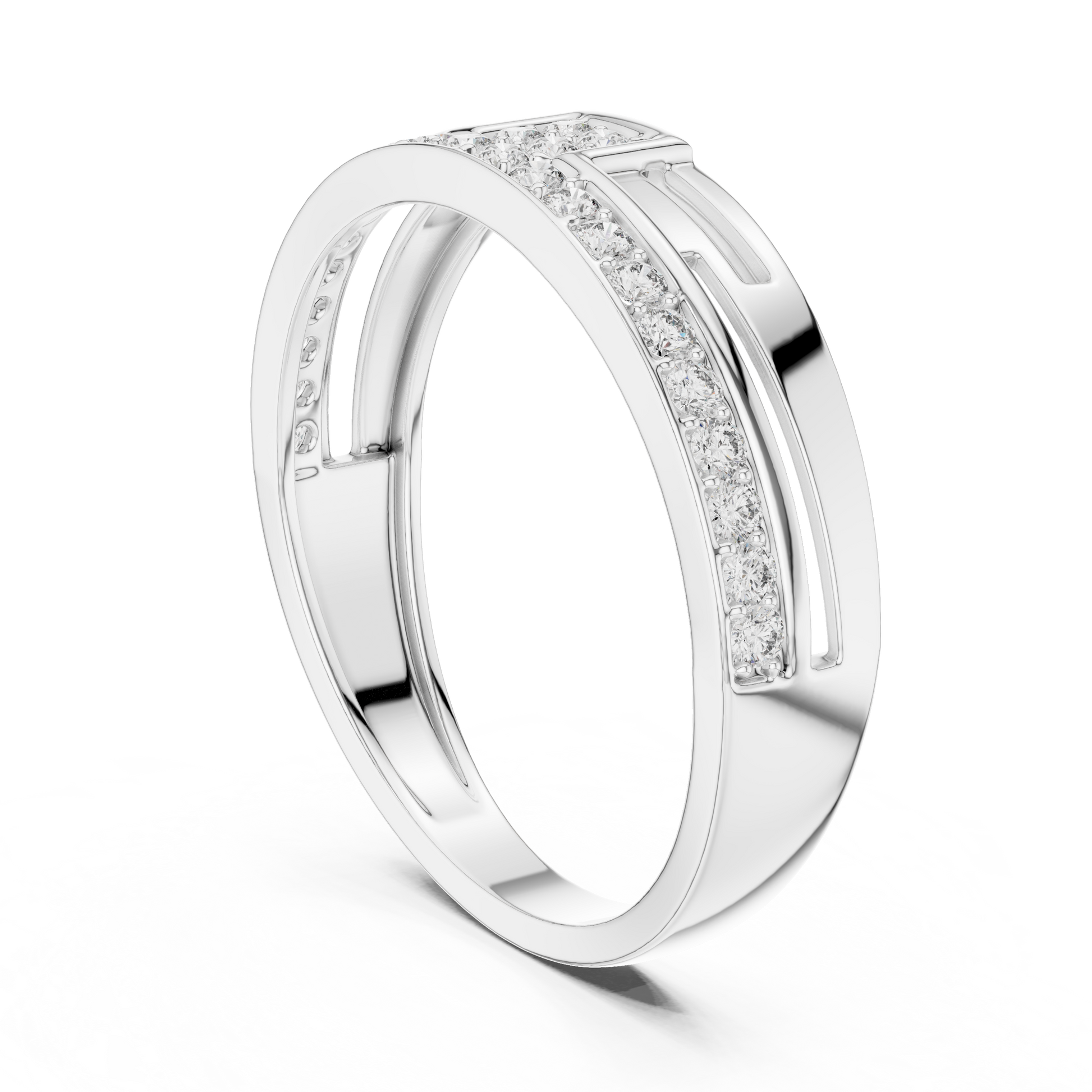 Men's Round Moissanite Bridge-Style Ring with Pavé Diamond Band and Geometric Design