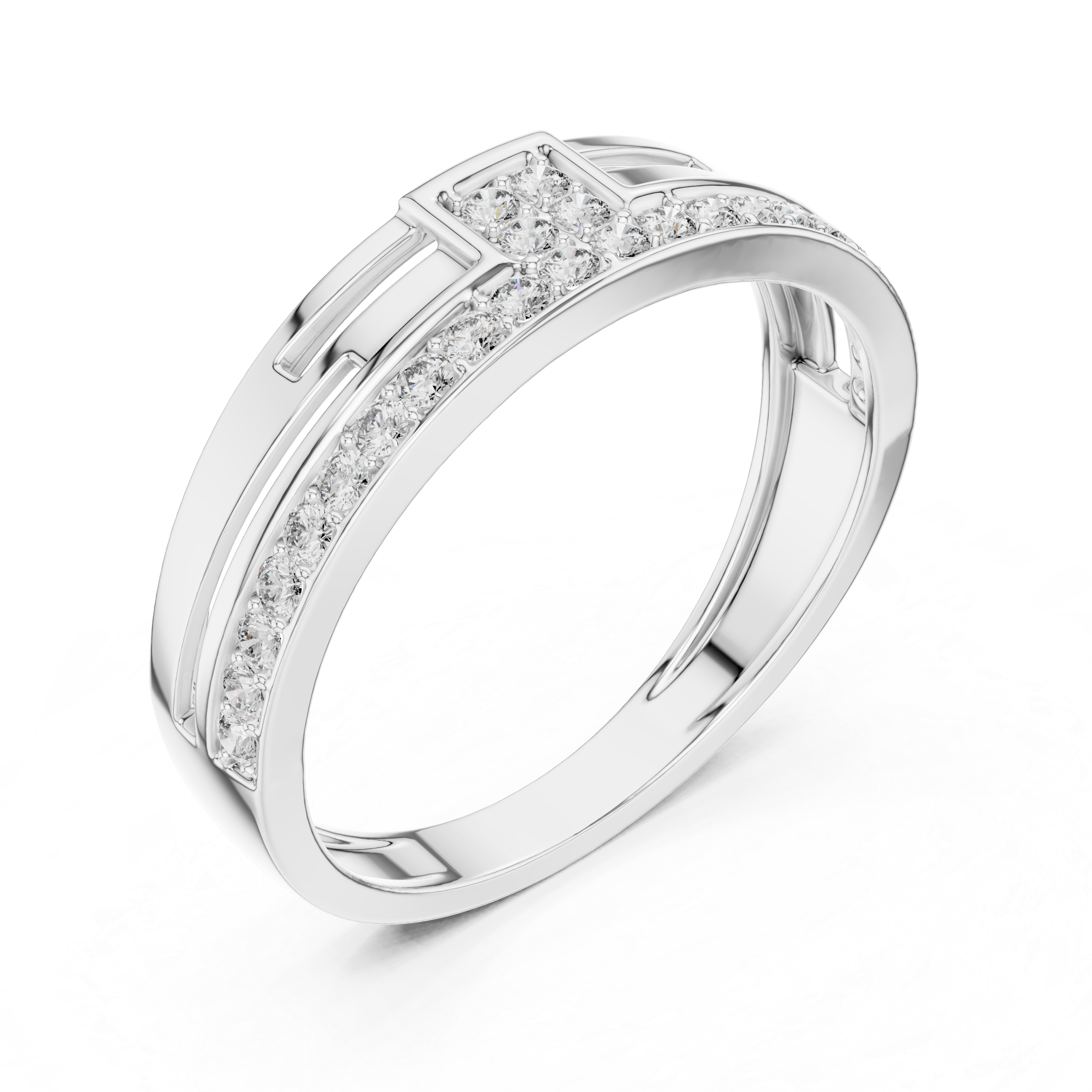 Men's Round Moissanite Bridge-Style Ring with Pavé Diamond Band and Geometric Design