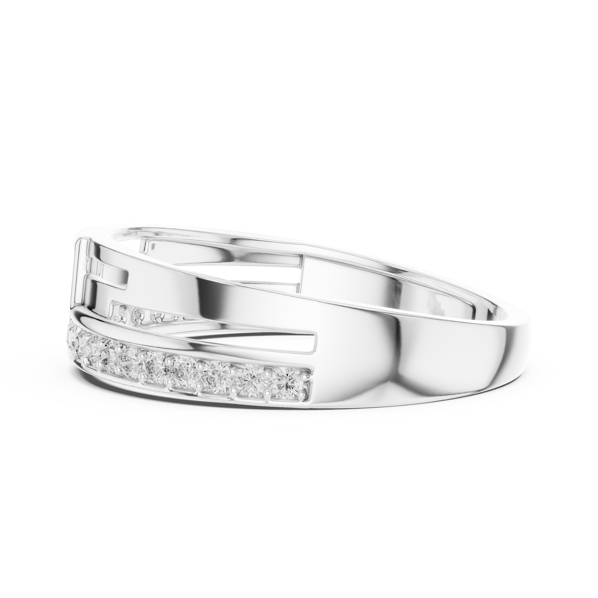 Men's Round Moissanite Bridge-Style Ring with Pavé Diamond Band and Geometric Design