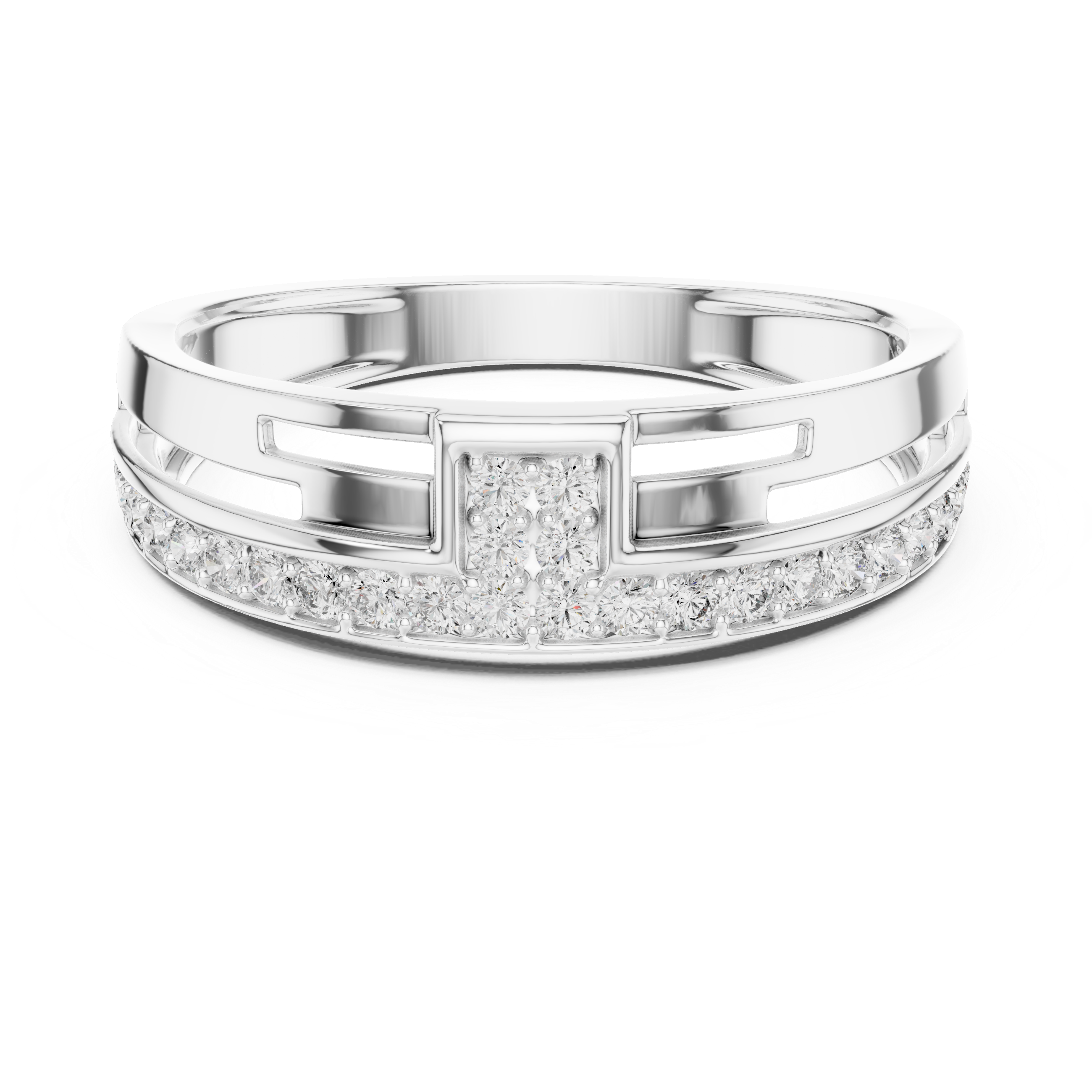 Men's Round Moissanite Bridge-Style Ring with Pavé Diamond Band and Geometric Design