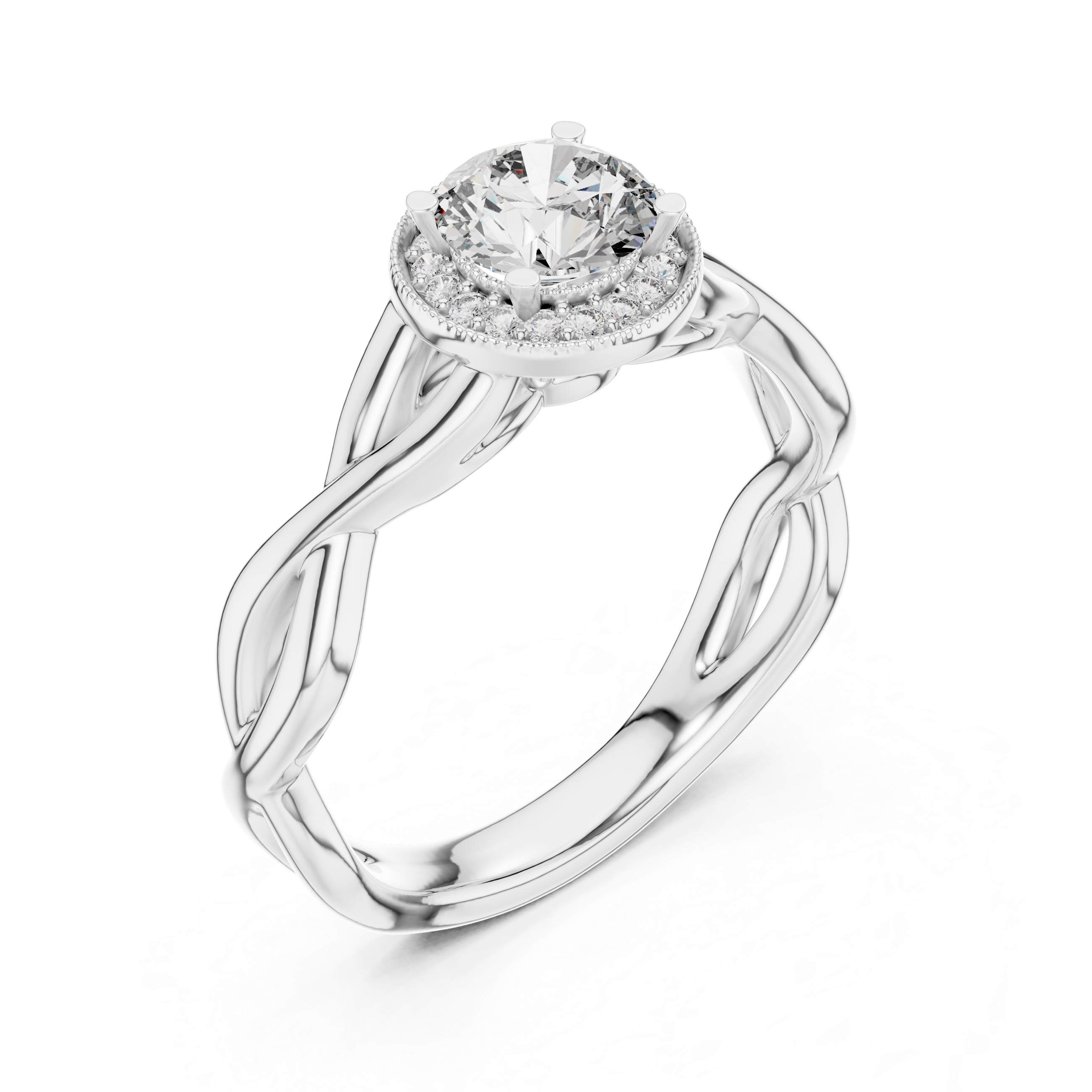 Central Round Cut Solitaire Twisted Halo Engagement Sterling Silver Moissanite Diamond Ring