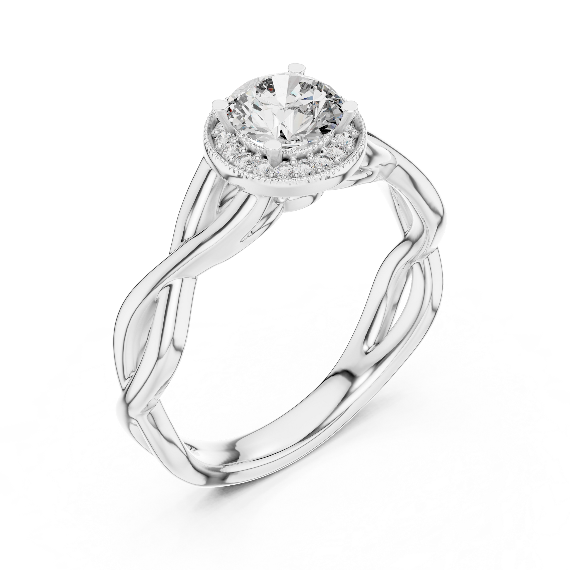Central Round Cut Solitaire Twisted Halo Engagement Sterling Silver Moissanite Diamond Ring