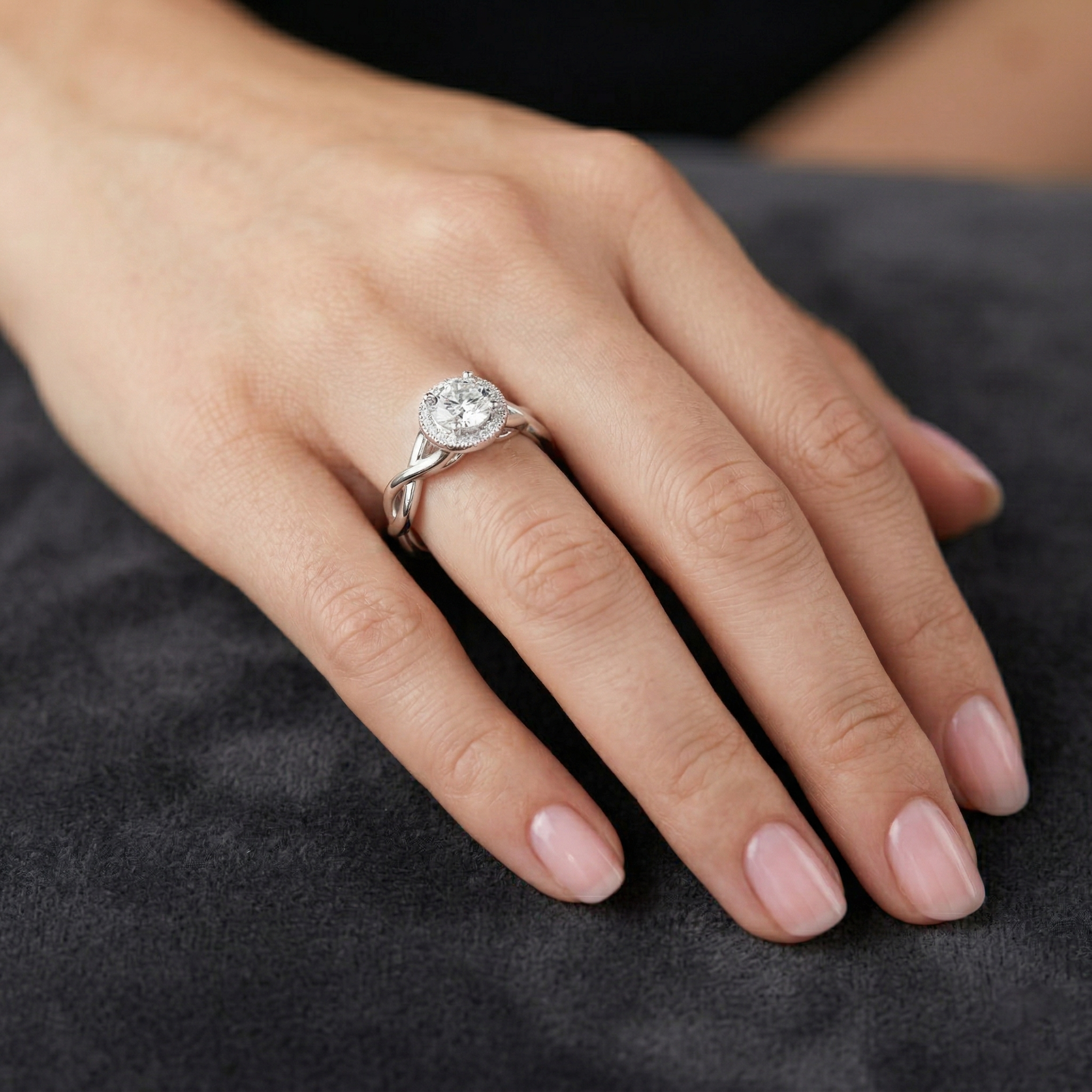 Central Round Cut Solitaire Twisted Halo Engagement Sterling Silver Moissanite Diamond Ring