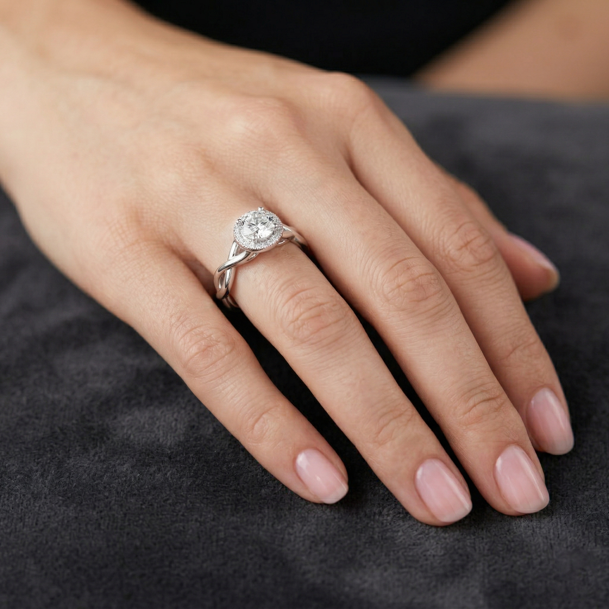 Central Round Cut Solitaire Twisted Halo Engagement Sterling Silver Moissanite Diamond Ring