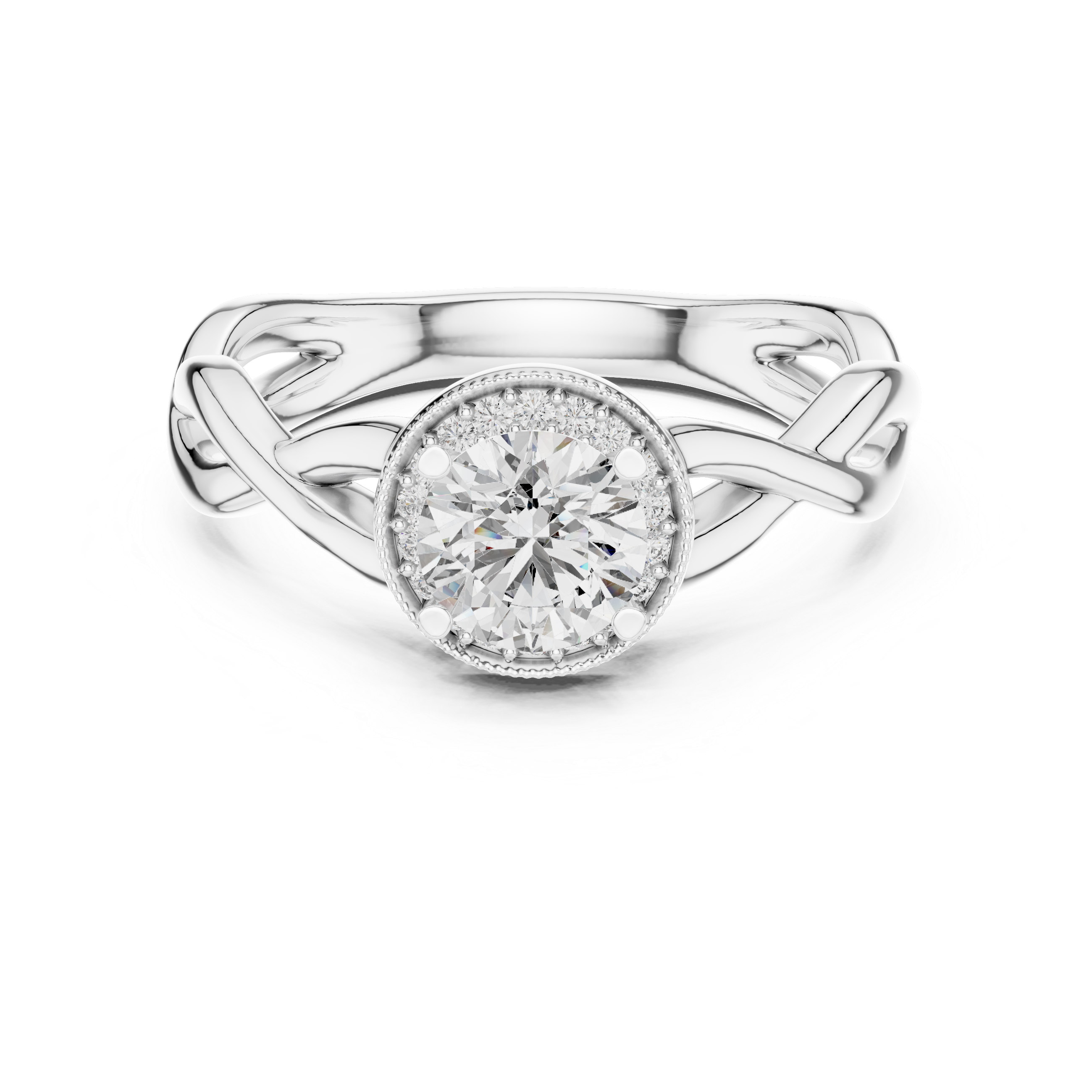 Central Round Cut Solitaire Twisted Halo Engagement Sterling Silver Moissanite Diamond Ring