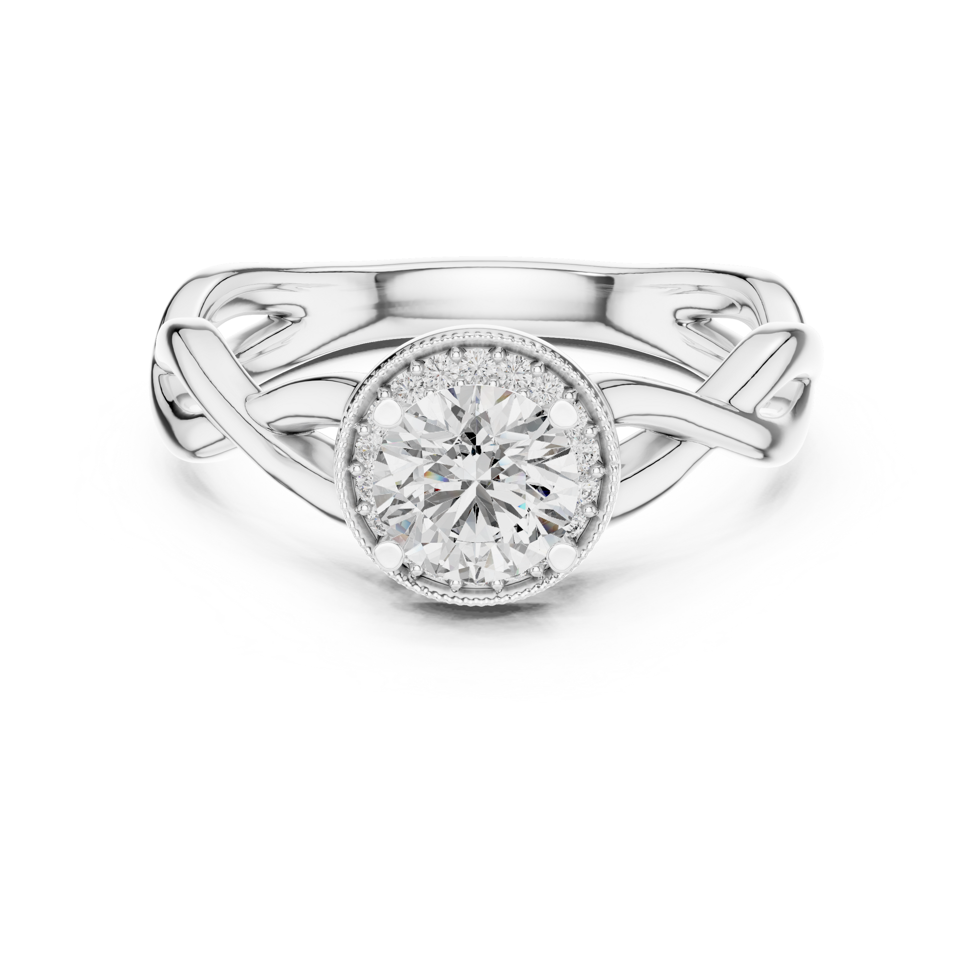 Central Round Cut Solitaire Twisted Halo Engagement Sterling Silver Moissanite Diamond Ring