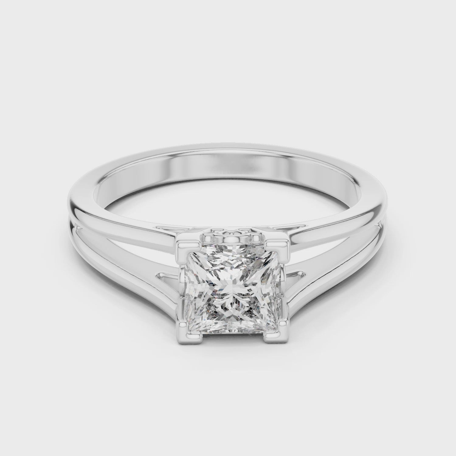Sterling Silver Princess Cut Moissanite Solitaire Cathedral Split-shank Ring