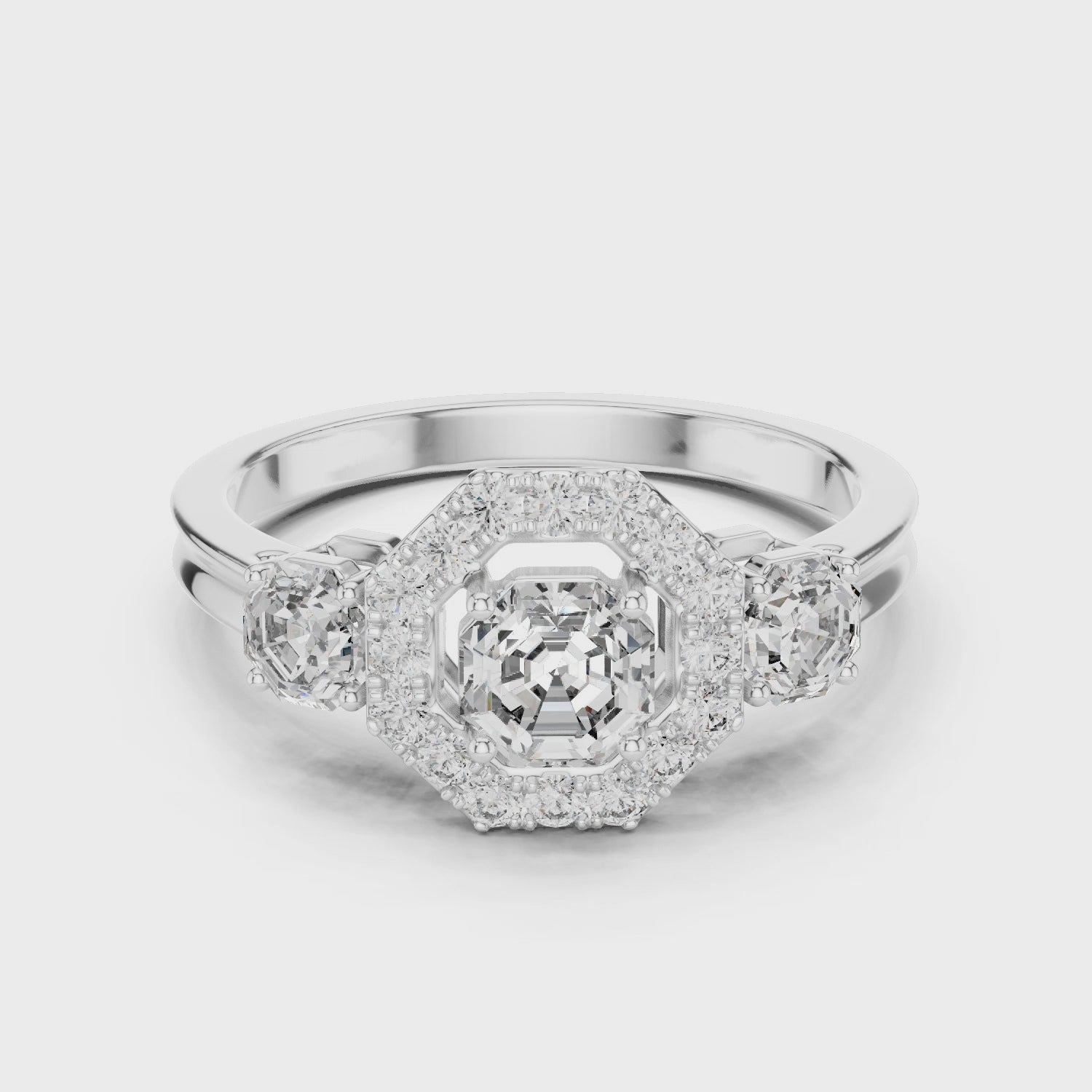 Octagon Asscher Cut Three-stone Halo Moissanite Silver Engagement Ring