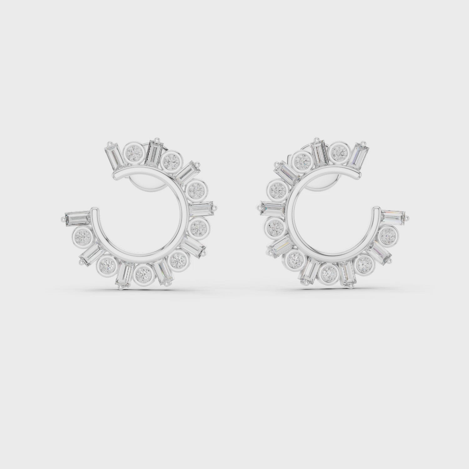 Baguette & Round Cut Mixed Fancy Shape Diamond 925 Sterling Silver Hoop Earrings