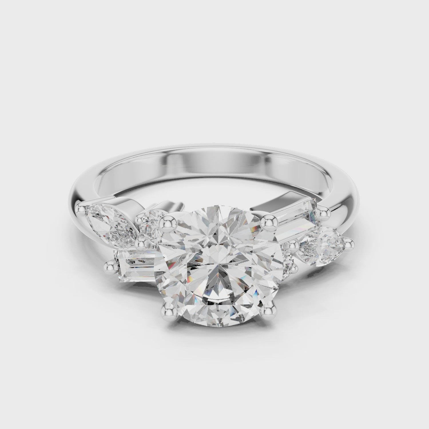 Round Moissanite Classic Three-stone Trilogy Ring with Additional Side Accents