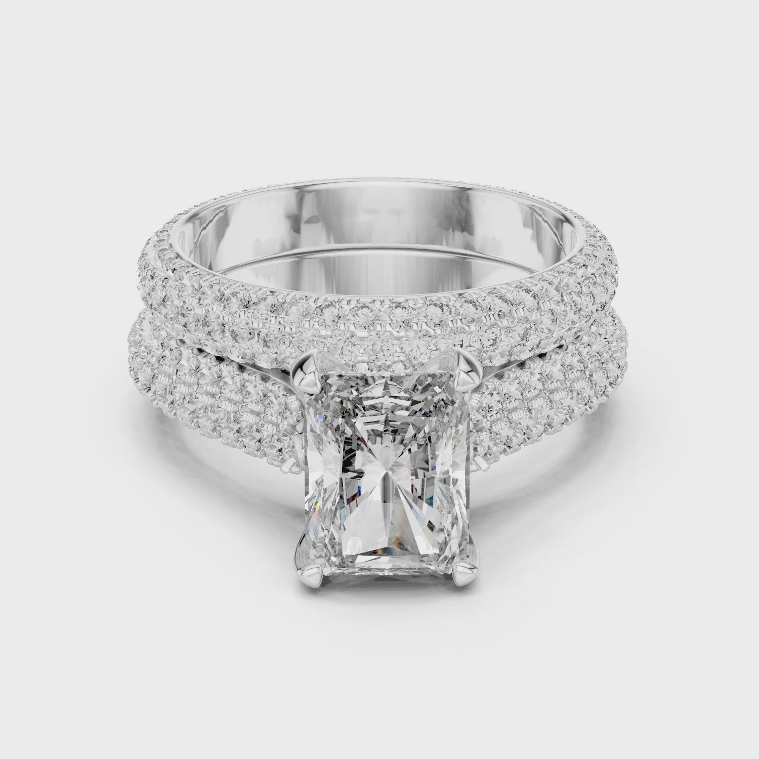 Central Radiant Cut Moissanite Ring with Pave Set Stackable Bridal Wedding Band