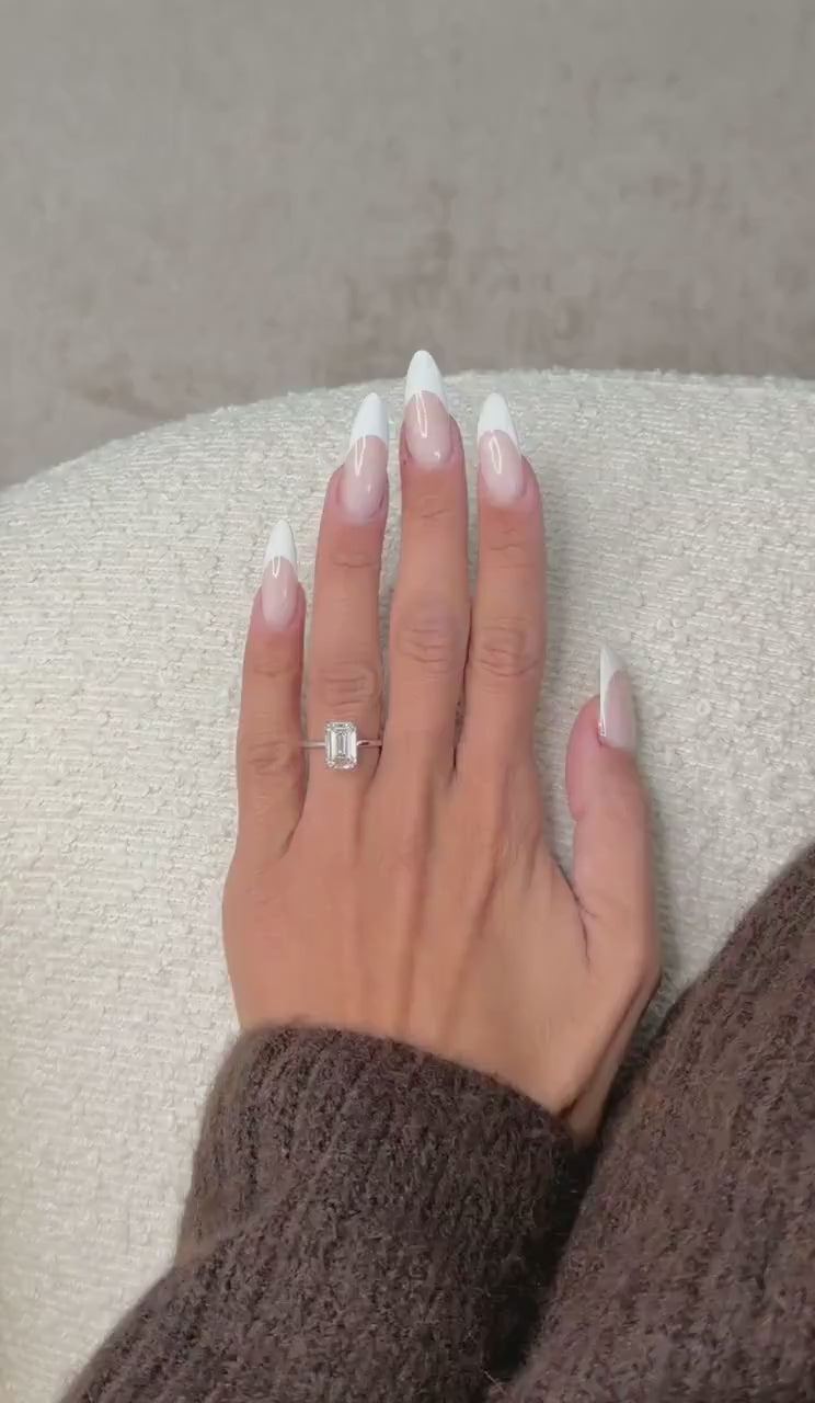 18k White Gold Solitaire Hidden Halo 3 Carat Emerald Cut Lab Grown Diamond IGI Certified Engagement Ring