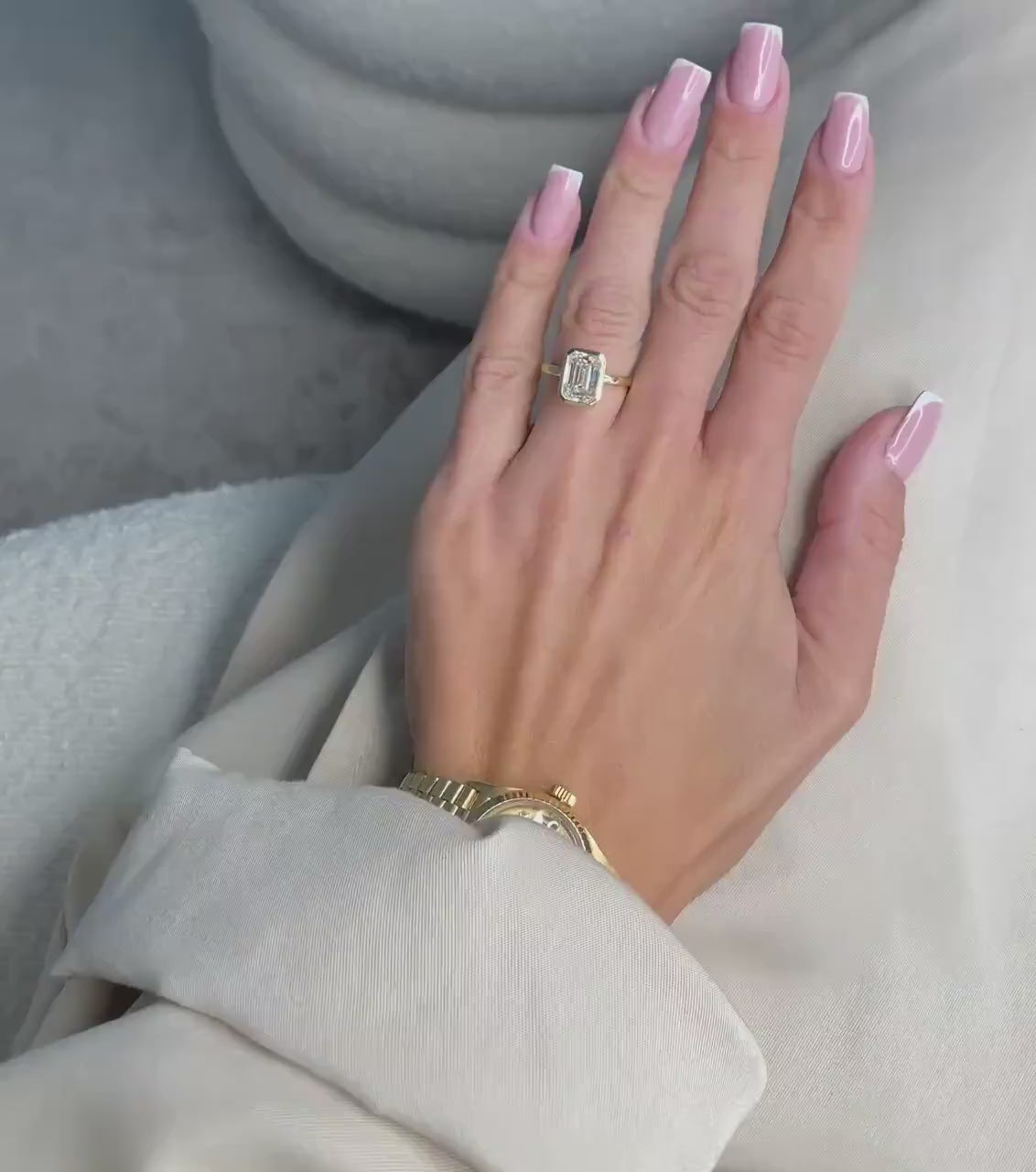 14K Gold Bezel 3 Carat Emerald Cut Lab Grown Diamond Engagement Ring IGI Certified