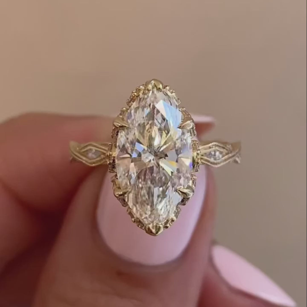 Marquise 3 Carat Lab Grown Diamond Unique Side Stone Band IGI Certified Engagement Ring