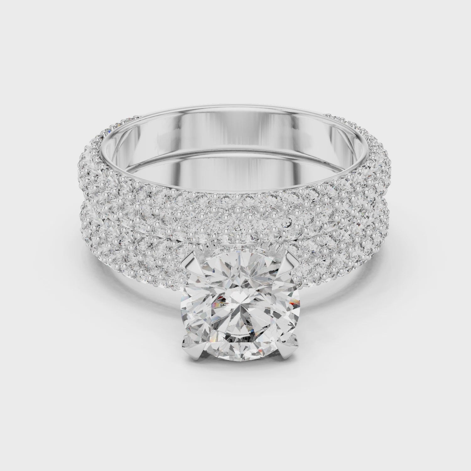 Round Cut Three Row Pave Set Moissanite Double Band Bridal Ring Set in Sterling Silver