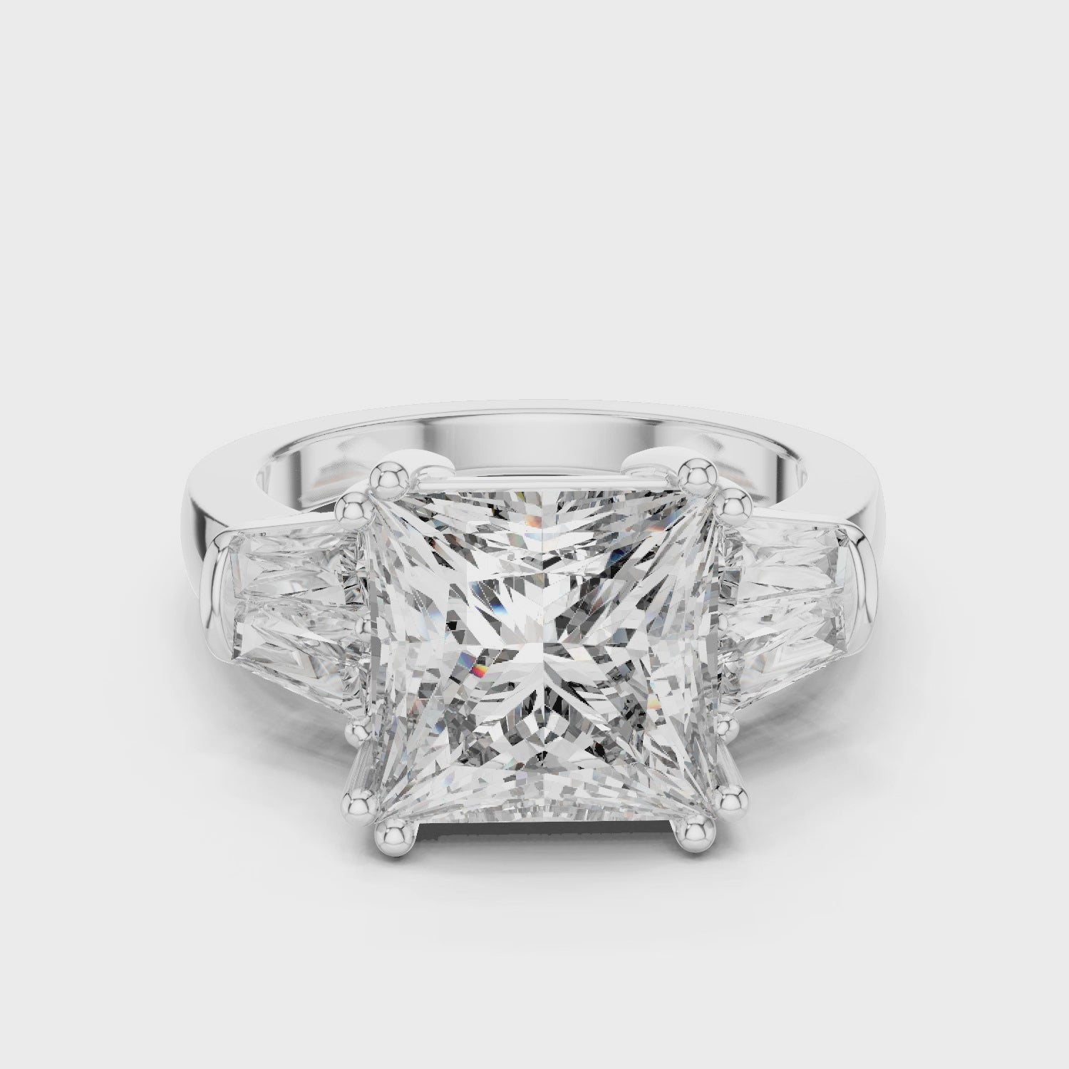 Princess Cut Center Moissanite Engagement Ring with Baguette Side Stone in Sterling Silver