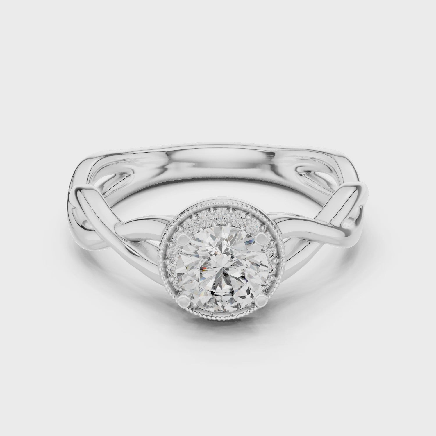 Central Round Cut Solitaire Twisted Halo Engagement Sterling Silver Moissanite Diamond Ring