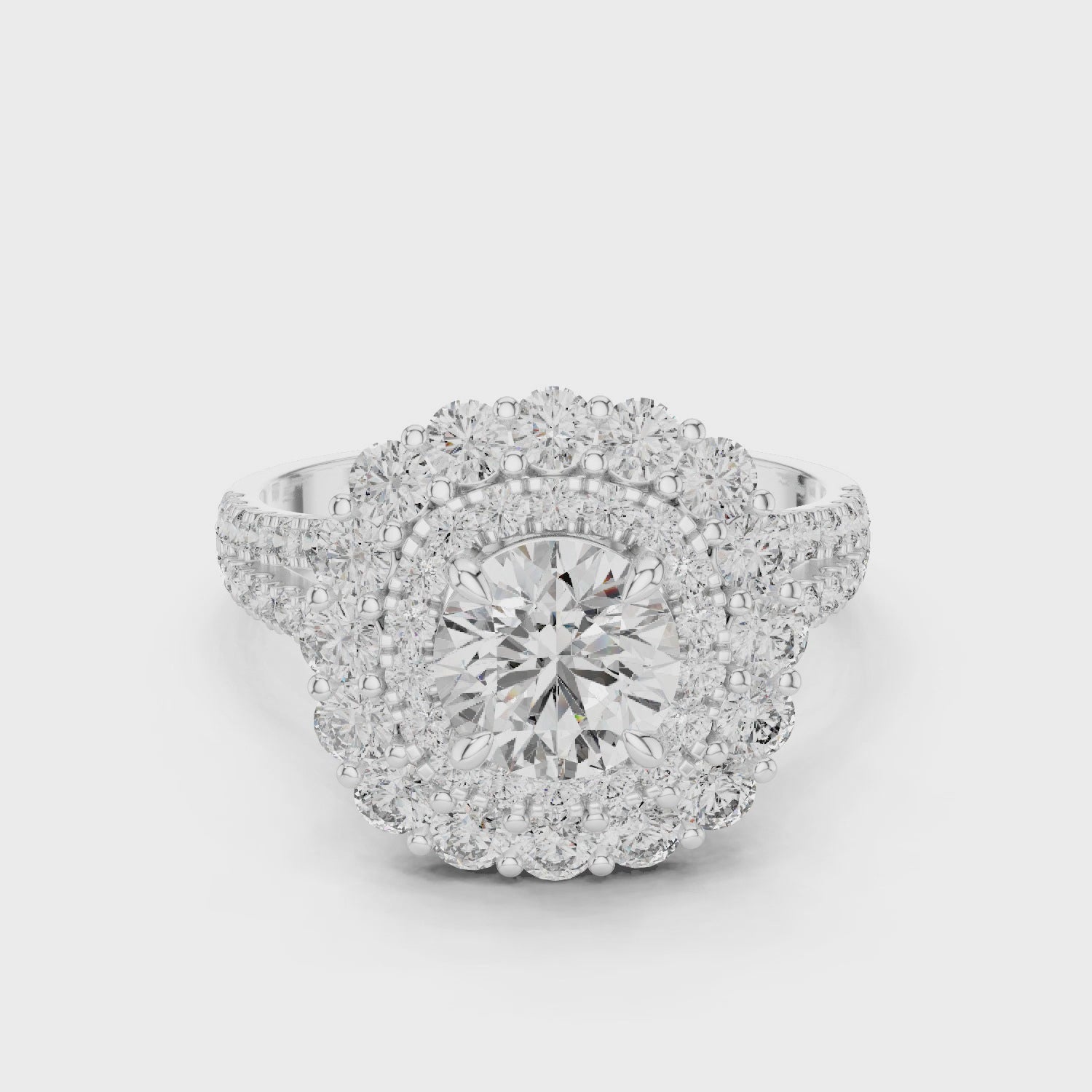 Floral Duo Halo Split Shank Round Cut Moissanite Sterling Silver Engagement Ring