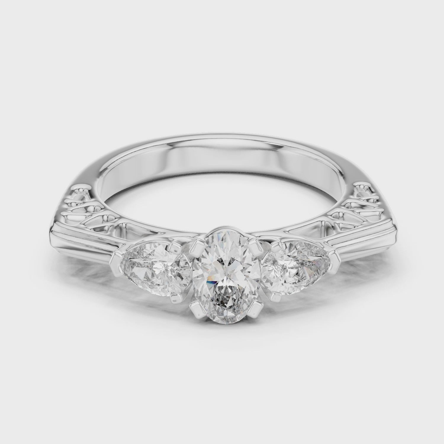 Oval & Pear Cut Three-stone Moissanite Vintage Engagement Ring in Silver
