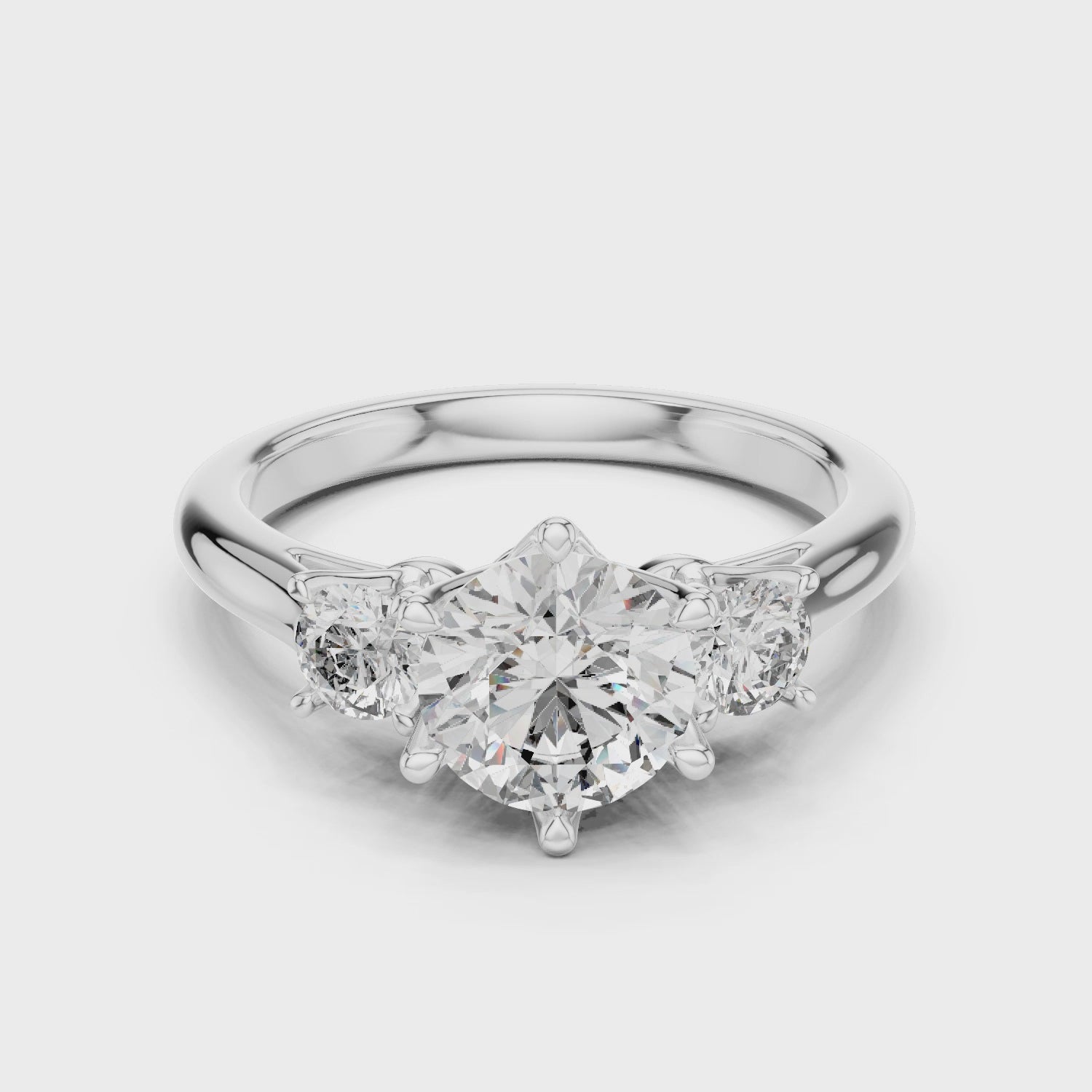 Silver Three-stone Round-cut Center Moissanite with Smaller Round Side Stones Engagement Ring