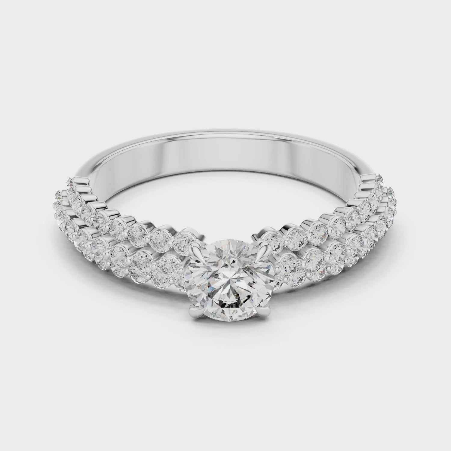 Triple-row Pavé Engagement Ring with a Central Round Solitaire Moissanite Diamond