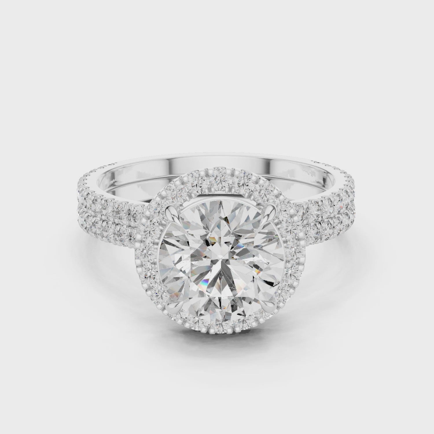Round Solitaire Moissanite Halo Split Shank Pave Bridal Ring Set