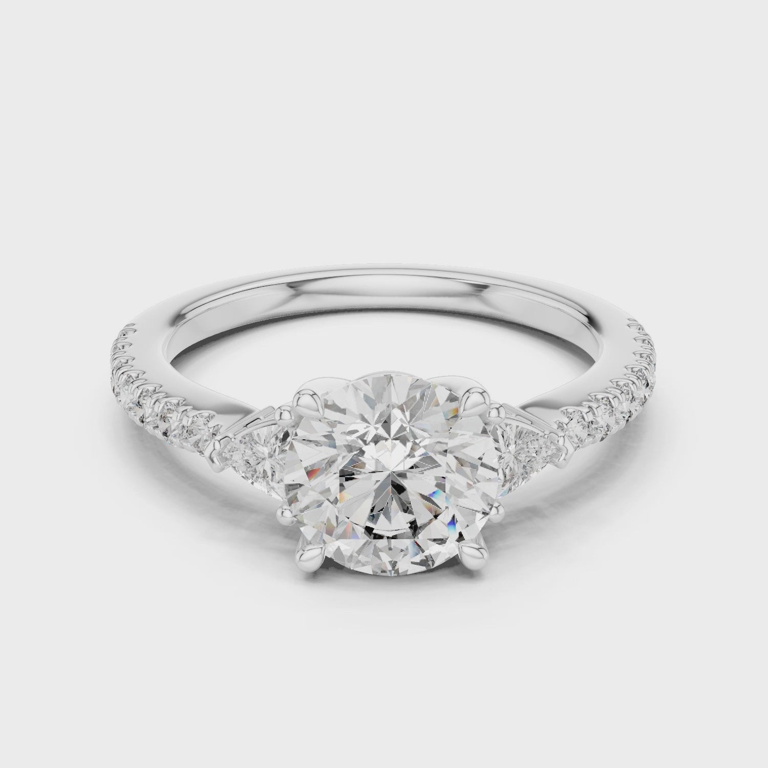Three-stone Round Cut Center Moissanite with Triangular Side Stones Engagement Ring